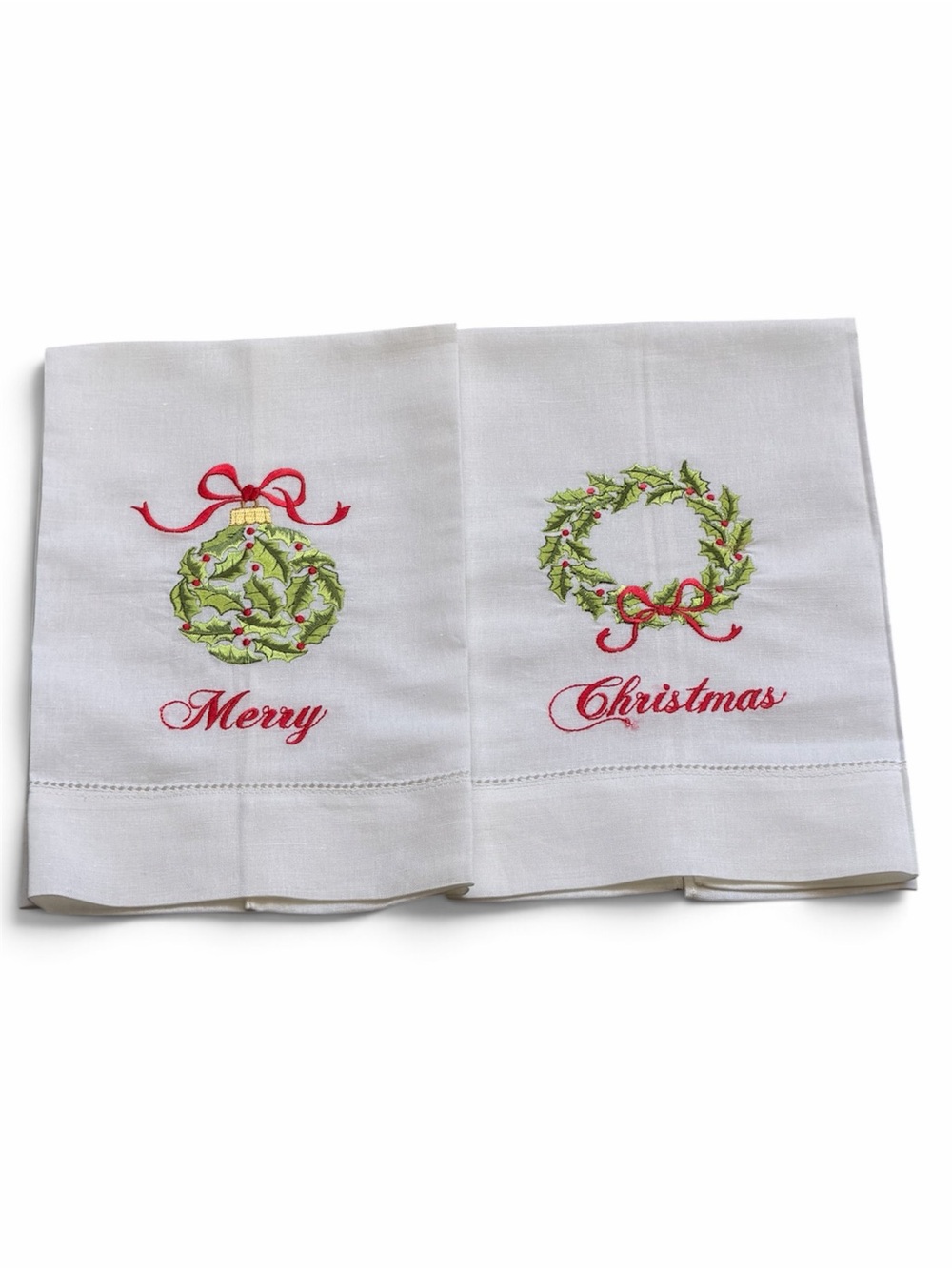Merry Christmas Embroidered Holiday Tea Towels - White with Green & Red Set of 2